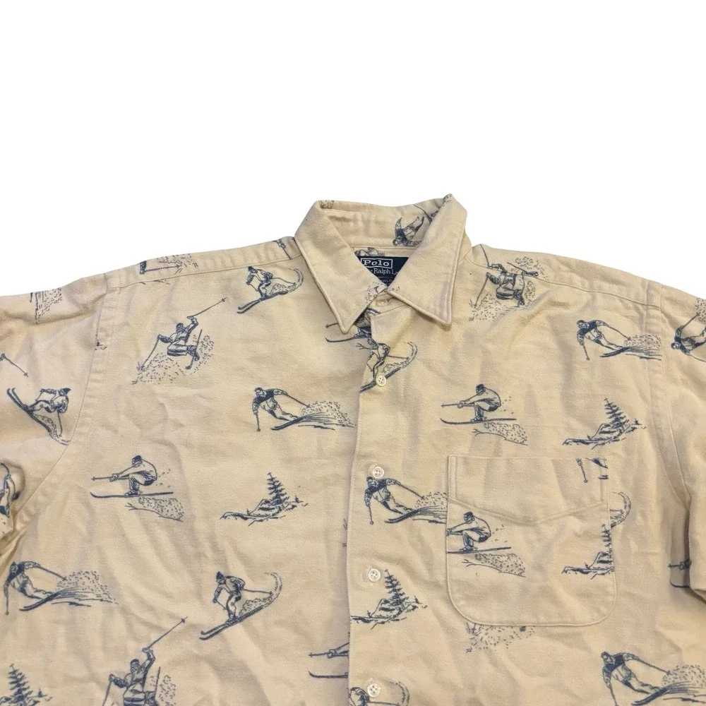 Polo Ralph Lauren Marlowe Mens Cream Blue Skier Print Flannel‎ Shirt Large L